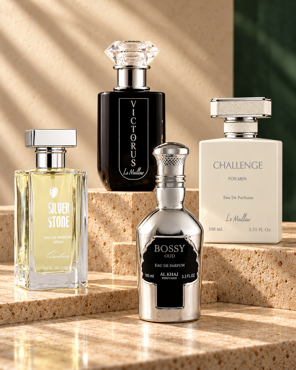 Silver Stone, Victorus, Bossy Oud and Challenge perfumes displayed on limestone plinths